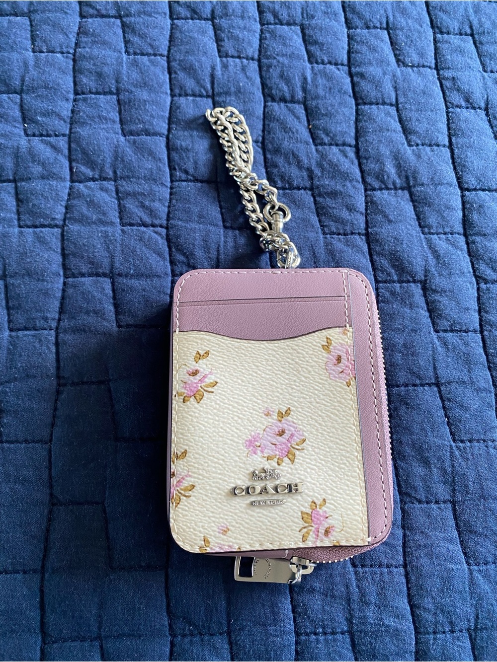 Coach Pink and Cream Floral Card Case with Chain